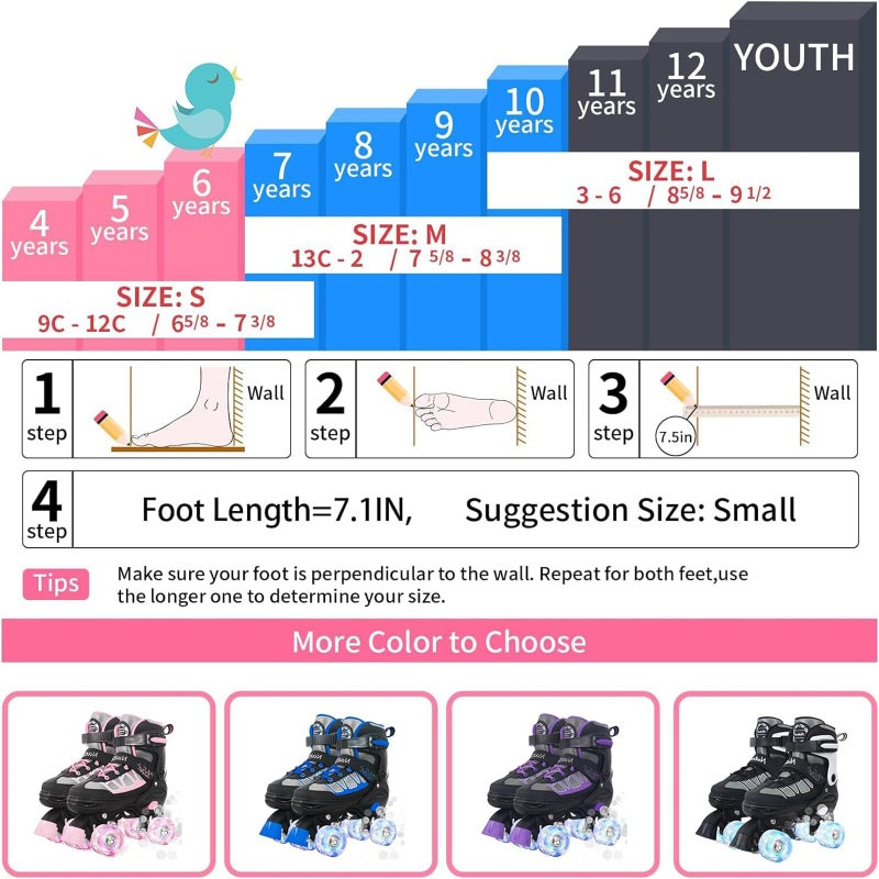 MammyGol Roller Skates for Kids Boys Girls, Adjustable Quad Skates with Light Up Wheels for Toddler Little Kids Ages 6-12 Size 13C 1 2, Beginners Outdoor Sports, Pink - Image 5