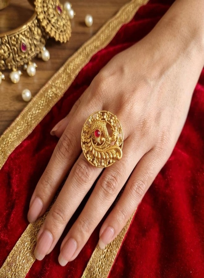 مجموعة خواتم أصابع تقليدية من الذهب المؤكسد من AAIKU | خواتم قابلة للتعديل بتصميمات زهور وطاووس عتيقة للفتيات والسيدات (Combo-FR1035-Des1-Des2&FR1667-Des1) - Image 4