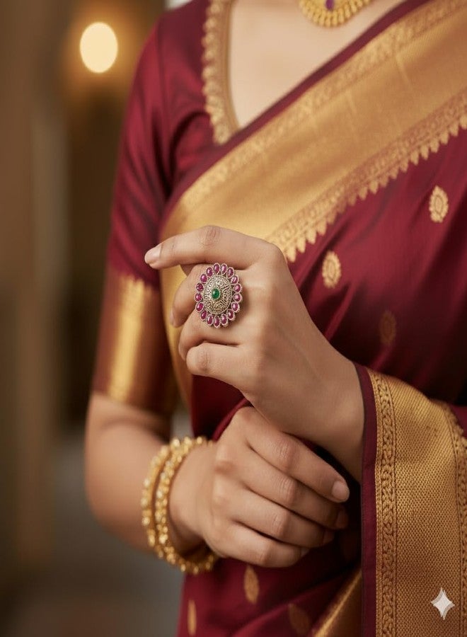 مجموعة خواتم أصابع تقليدية من الذهب المؤكسد من AAIKU | خواتم قابلة للتعديل بتصميمات زهور وطاووس عتيقة للفتيات والسيدات (Combo-FR1035-Des1-Des2&FR1667-Des1) - Image 3