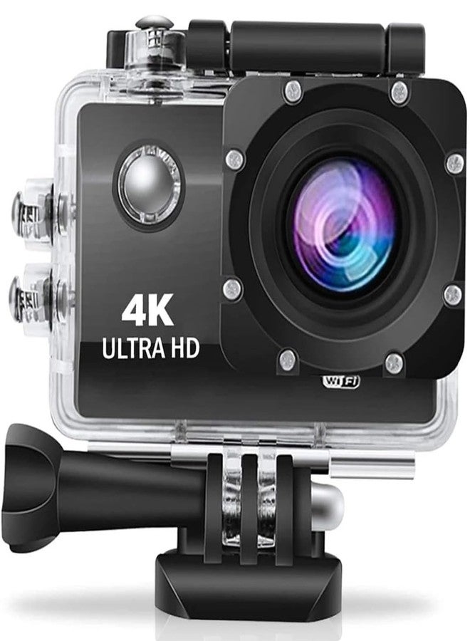 كاميرا KTG فائقة الوضوح بدقة 4K و30 إطارًا في الثانية مع مجموعة ملحقات، مزودة بتقنية واي فاي، وعدسة بزاوية واسعة 170 درجة، ومقاومة للماء حتى عمق 98 قدمًا، ومناسبة لتصوير الفيديوهات على يوتيوب، وخوذة دراجة، وسهلة الاستخدام وآمنة (أسود). - Image 1