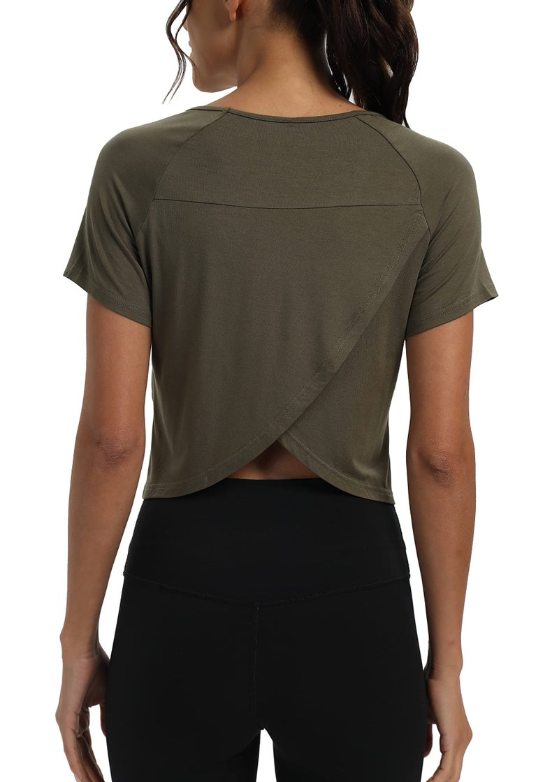 Mippo Short Sleeve Workout Tops Athletic Shirts Gym Clothes Exercise Crop Top Tshirts for Women Loose Fit Army Green L - Image 1