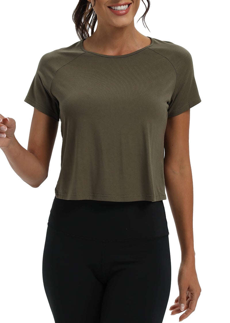 Mippo Short Sleeve Workout Tops Athletic Shirts Gym Clothes Exercise Crop Top Tshirts for Women Loose Fit Army Green L - Image 2