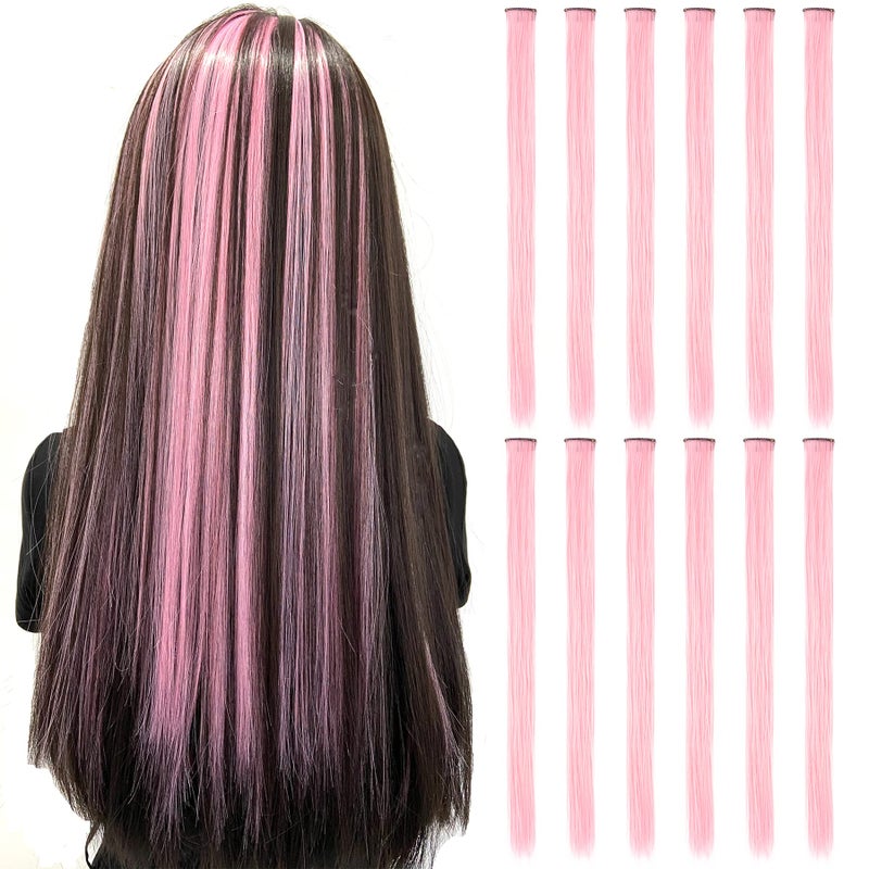 Onas 12PCS Colored Light pink Hair Extensions Straight Multicolor Clip in Hair Extensions Colorful 20 Inch Rainbow Hair Extensions for Kids Women's Gifts Halloween Christmas Party Highlights (12pcs Pink) - Image 1