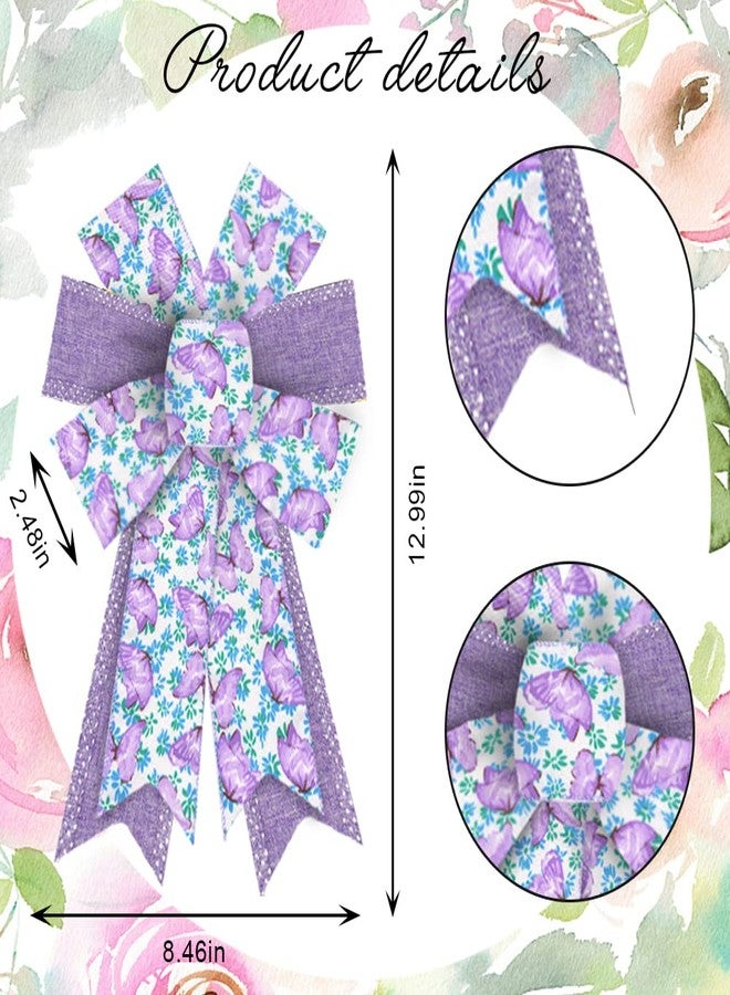 Hying 2 Pieces Spring Flowers Bows for Wreath, Spring Holiday Wreath Bows Purple Burlap Bows Floral Butterfly Gift Bows Farmhouse Craft Bows for Front Door Spring Birthday Party Decorations Supplies - Image 2