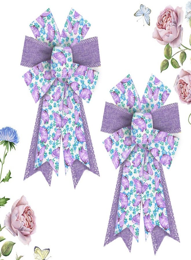 Hying 2 Pieces Spring Flowers Bows for Wreath, Spring Holiday Wreath Bows Purple Burlap Bows Floral Butterfly Gift Bows Farmhouse Craft Bows for Front Door Spring Birthday Party Decorations Supplies - Image 1