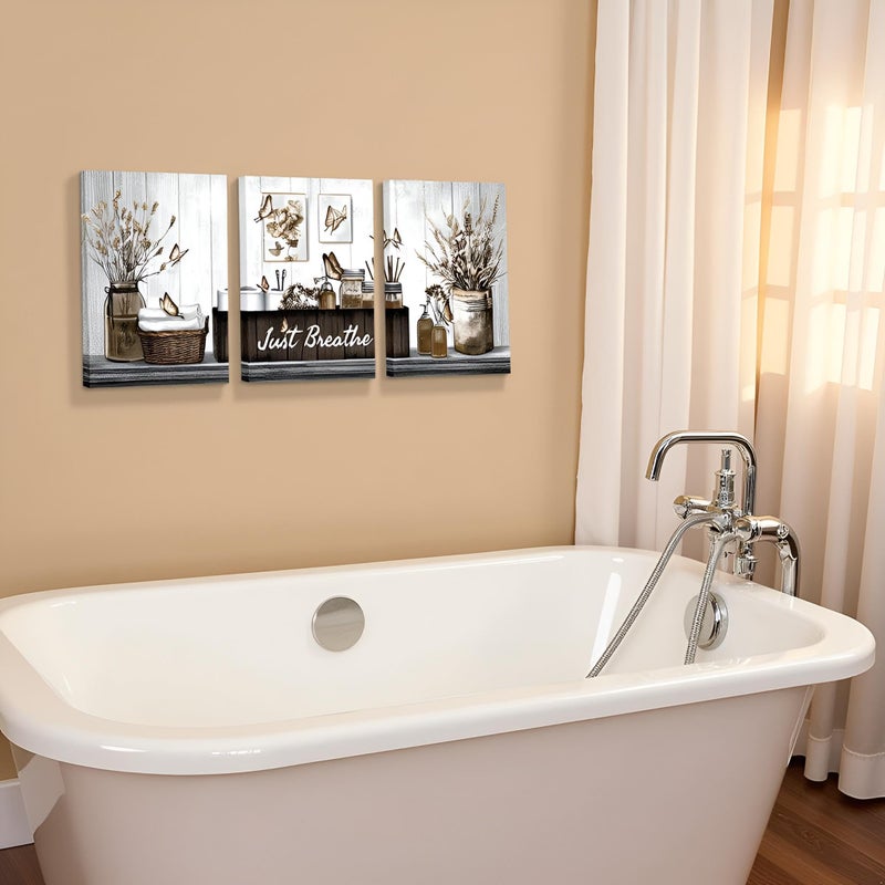 RnnJoile Brown Bathroom Decor Botanical Pictures Wall Art Just Breathe Sign Canvas Painting for Bathroom Wall Decor 12"x16" Each (Brown) - Image 5