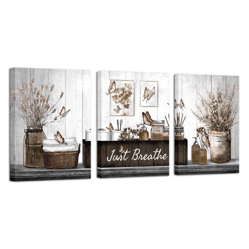 RnnJoile Brown Bathroom Decor Botanical Pictures Wall Art Just Breathe Sign Canvas Painting for Bathroom Wall Decor 12"x16" Each (Brown) - Image 1