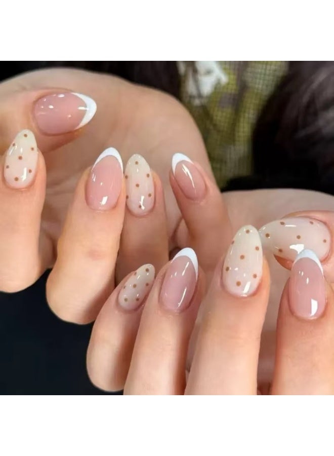 جوسكوين 24 قطعة من الأظافر الصناعية، أظافر لوزية الشكل بنقشة منقطة مع أطراف فرنسية بسيطة باللون الأبيض، أظافر صناعية قابلة للارتداء، أظافر أكريليك مع مجموعة لاصقة. - Image 1