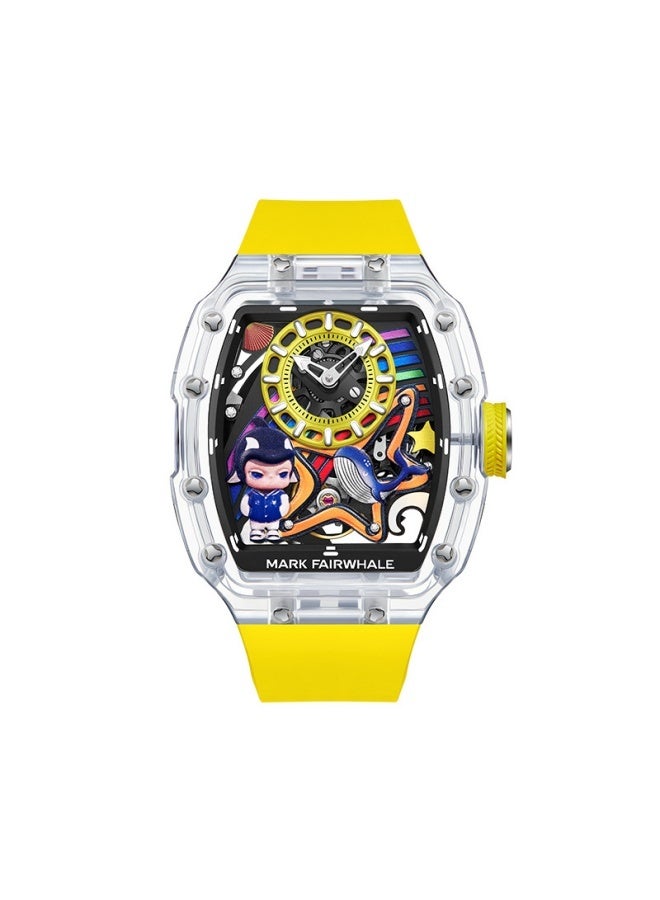 Mark Fairwhale Men's Cool Skeleton Tourbillon Automatic Mechanical Watch - Transparent Case, Yellow Dial & Yellow Silicone Strap