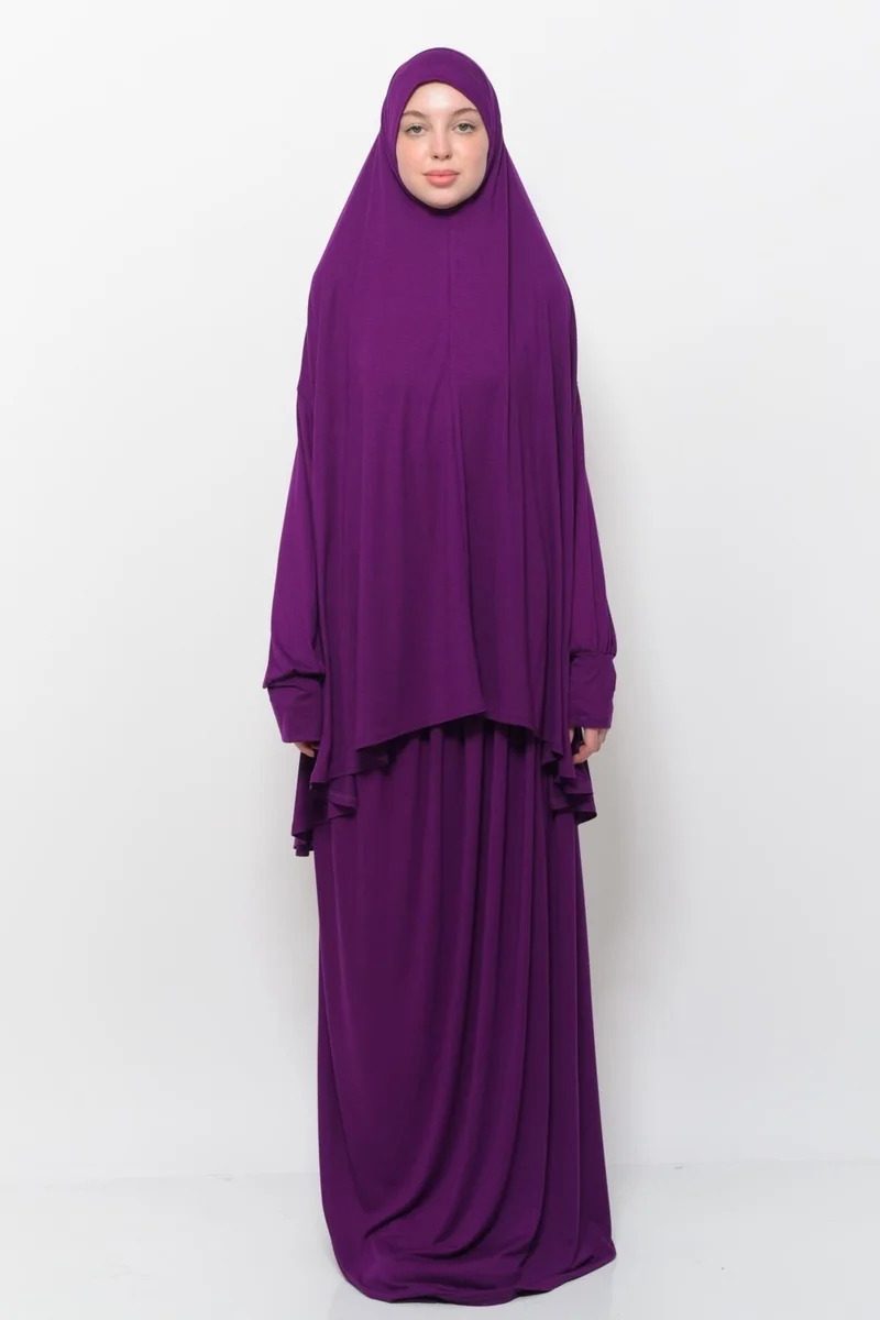 Altobeh Practical Two Piece Cotton Bat Sleeve Organic Hijab Prayer Dress with Headscarf - Light Plum
