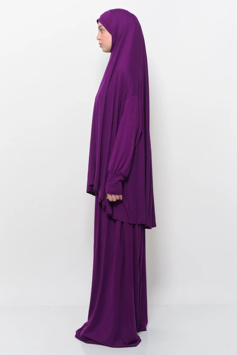 Altobeh Practical Two Piece Cotton Bat Sleeve Organic Hijab Prayer Dress with Headscarf - Light Plum