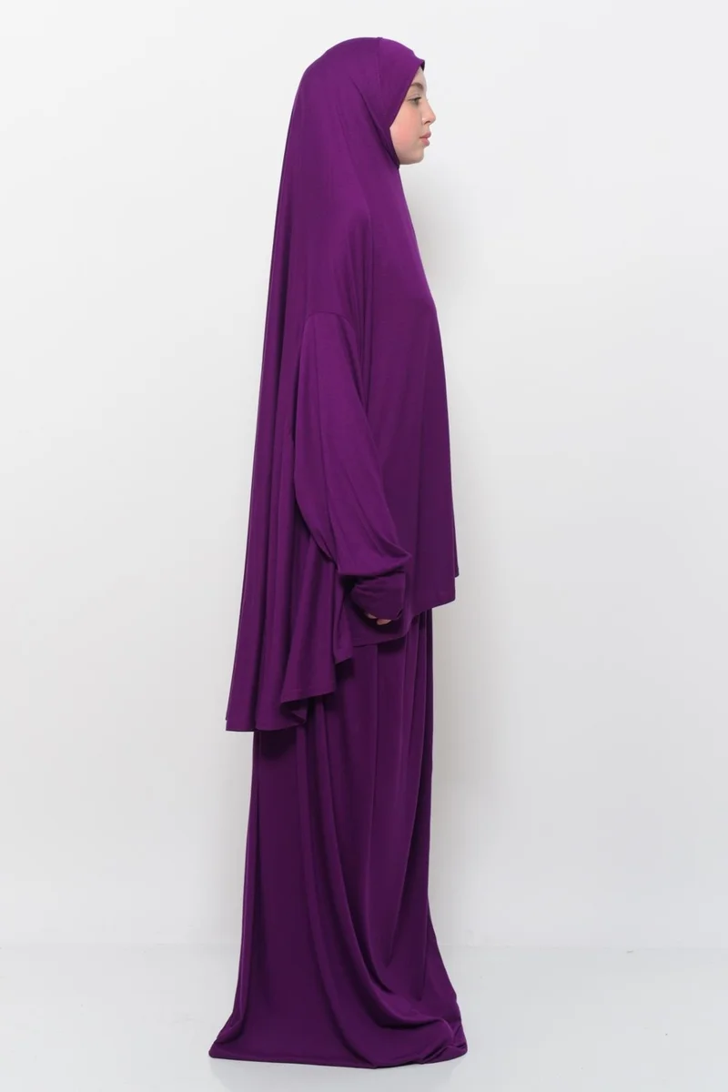 Altobeh Practical Two Piece Cotton Bat Sleeve Organic Hijab Prayer Dress with Headscarf - Light Plum