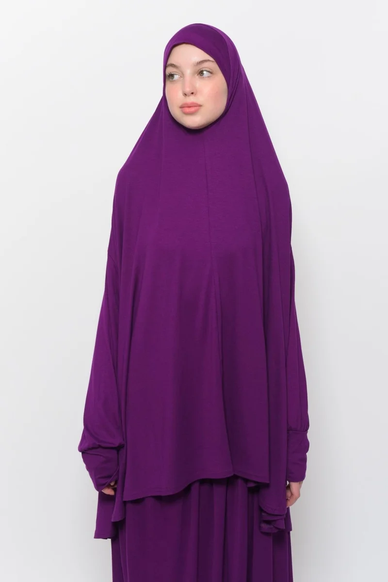 Altobeh Practical Two Piece Cotton Bat Sleeve Organic Hijab Prayer Dress with Headscarf - Light Plum