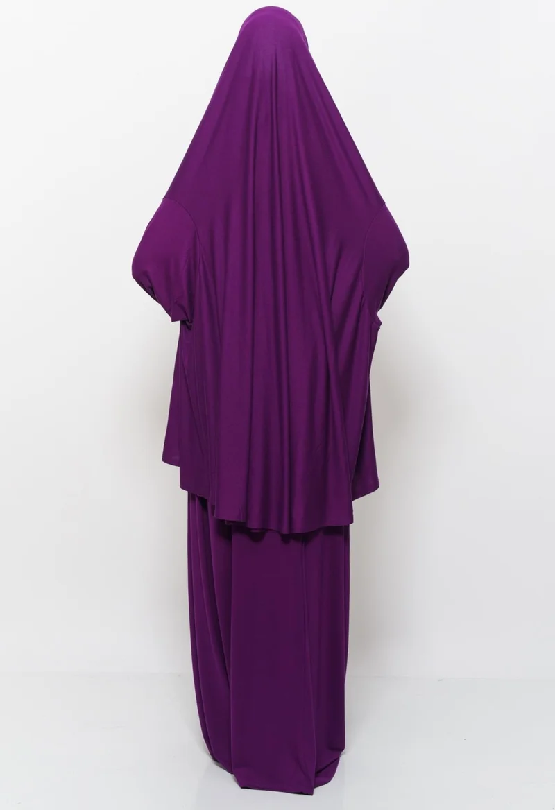 Altobeh Practical Two Piece Cotton Bat Sleeve Organic Hijab Prayer Dress with Headscarf - Light Plum