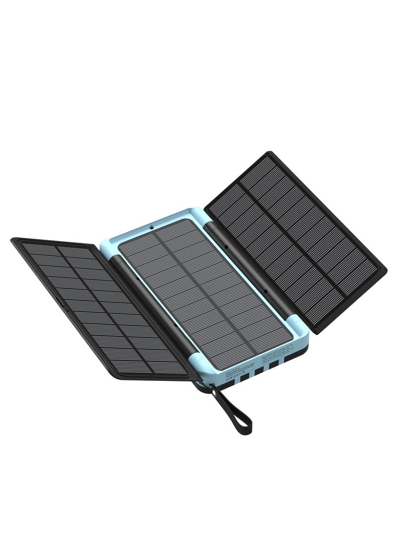 Powerology Solar Power Bank 16000mAh with Integrated Cables /Powerbank with Flashlight and LED Display - Black / Light Blue  - Image 1