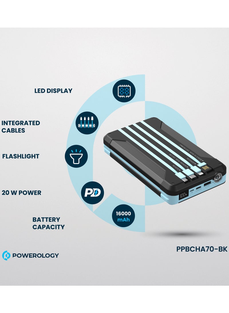 Powerology Solar Power Bank 16000mAh with Integrated Cables /Powerbank with Flashlight and LED Display - Black / Light Blue  - Image 2