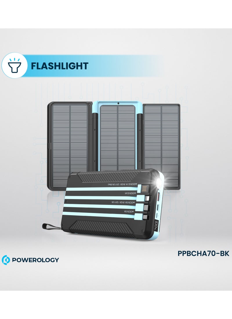 Powerology Solar Power Bank 16000mAh with Integrated Cables /Powerbank with Flashlight and LED Display - Black / Light Blue  - Image 4