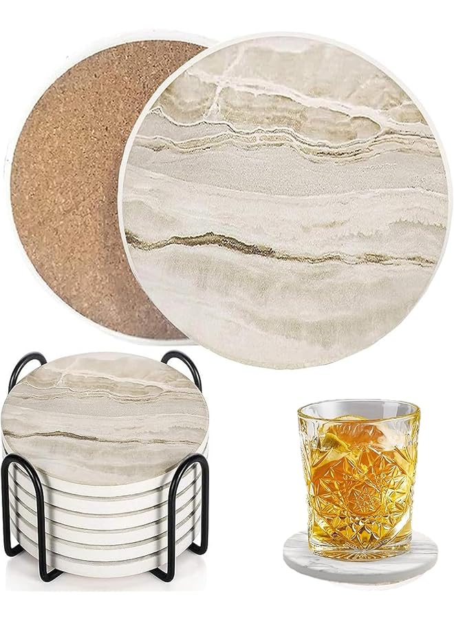 إيروريكس مجموعة من 6 قطع من قواعد أكواب الشرب المصنوعة من السيراميك على شكل رخام مع حامل لحماية سطح الطاولة، مناسبة لأنواع الأكواب والطاولات الخشبية - Image 1