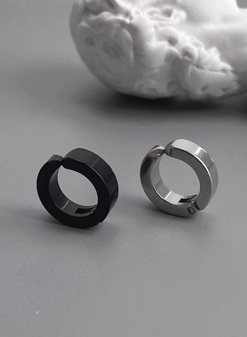 2-Pair Clip-On Titanium Steel Hoop Earrings – Black & Silver Non-Piercing Huggie Hoops for Men & Women | Secure Fit That Won’t Fall Off, Pain-Free & Comfortable for Sensitive Ears | Hypoallergenic, Nickel-Free, Stylish & Sleek Look for Casual, Formal, Streetwear, Work or Travel - Image 3