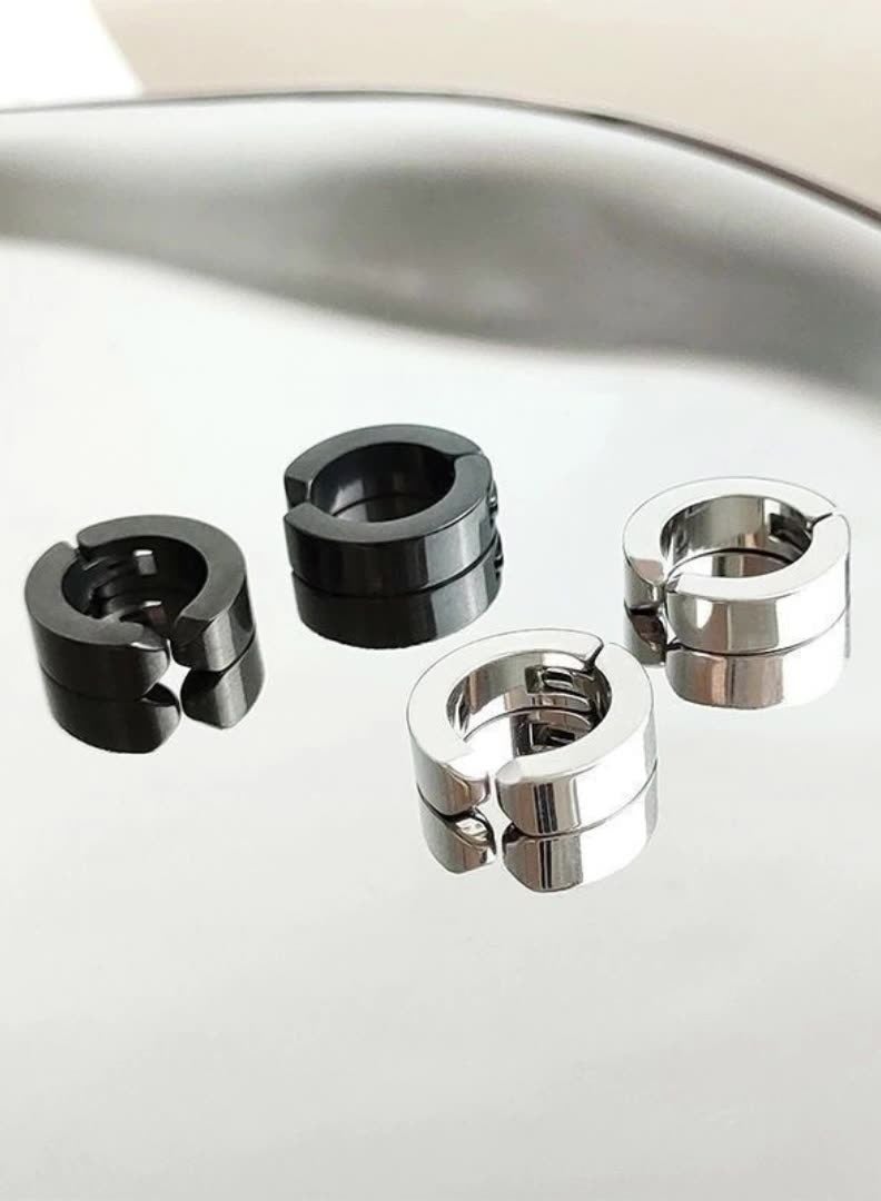 2-Pair Clip-On Titanium Steel Hoop Earrings – Black & Silver Non-Piercing Huggie Hoops for Men & Women | Secure Fit That Won’t Fall Off, Pain-Free & Comfortable for Sensitive Ears | Hypoallergenic, Nickel-Free, Stylish & Sleek Look for Casual, Formal, Streetwear, Work or Travel - Image 1