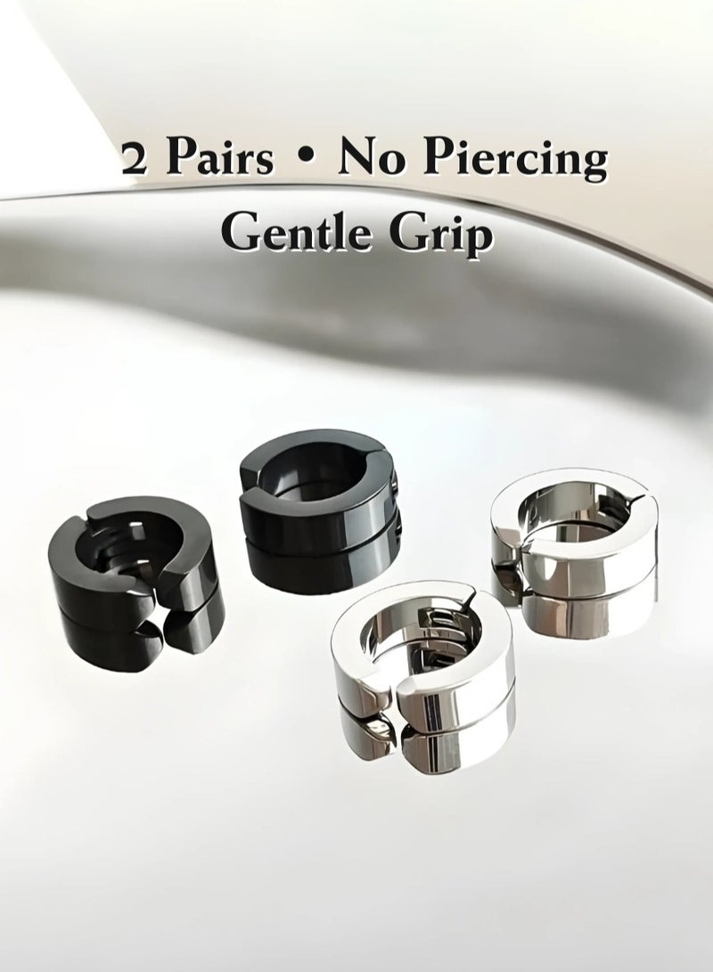 2-Pair Clip-On Titanium Steel Hoop Earrings — No Piercing, Hypoallergenic, Balanced Gentle Grip, Unisex (Black & Silver) - Image 1