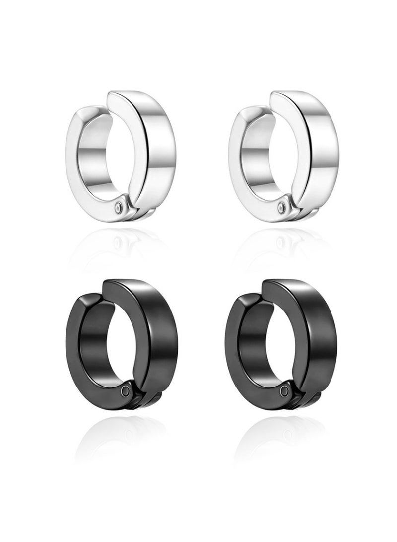 2-Pair Clip-On Titanium Steel Hoop Earrings — No Piercing, Hypoallergenic, Balanced Gentle Grip, Unisex (Black & Silver) - Image 3