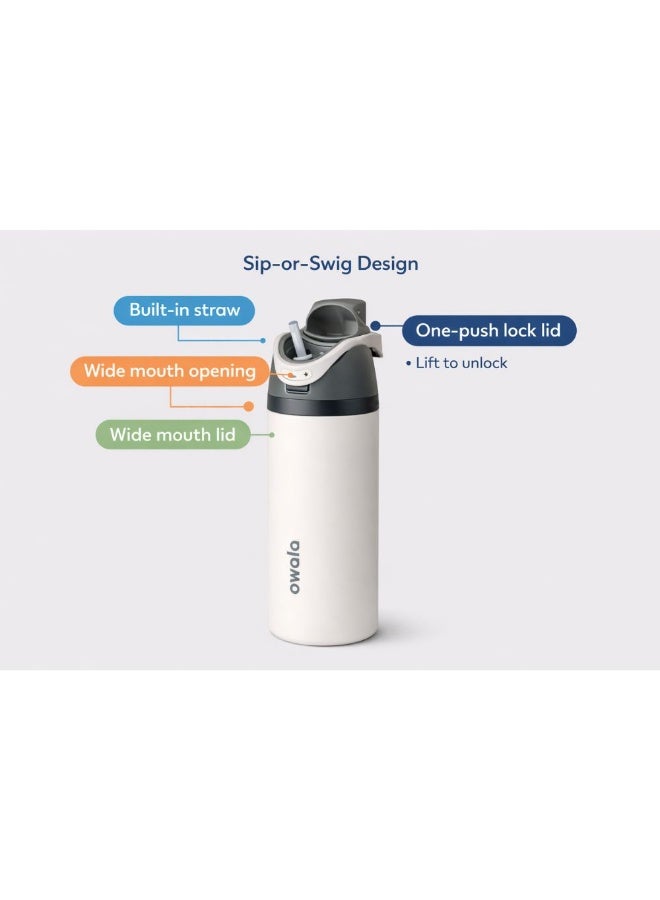 زجاجة مياه أوالا من الفولاذ المقاوم للصدأ، مزودة بماصة بلاستيكية وفولاذية مقاومة للصدأ، وغطاء مانع للتسرب بفتحة واسعة، تصميم سهل الفتح بضغطة واحدة، زجاجة رياضية وسفر قابلة لإعادة الاستخدام، سعة 800 مل، لون أبيض - Image 3
