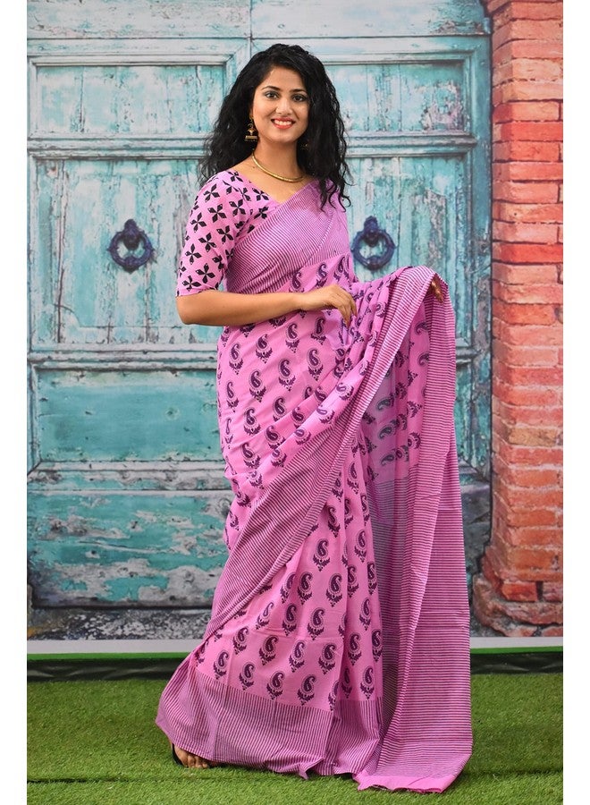 Kiaaron Women's Ikat Hand Block Print Jaipuri Cotton Mulmul Saree with Blouse Piece - Pink_255 - Image 4