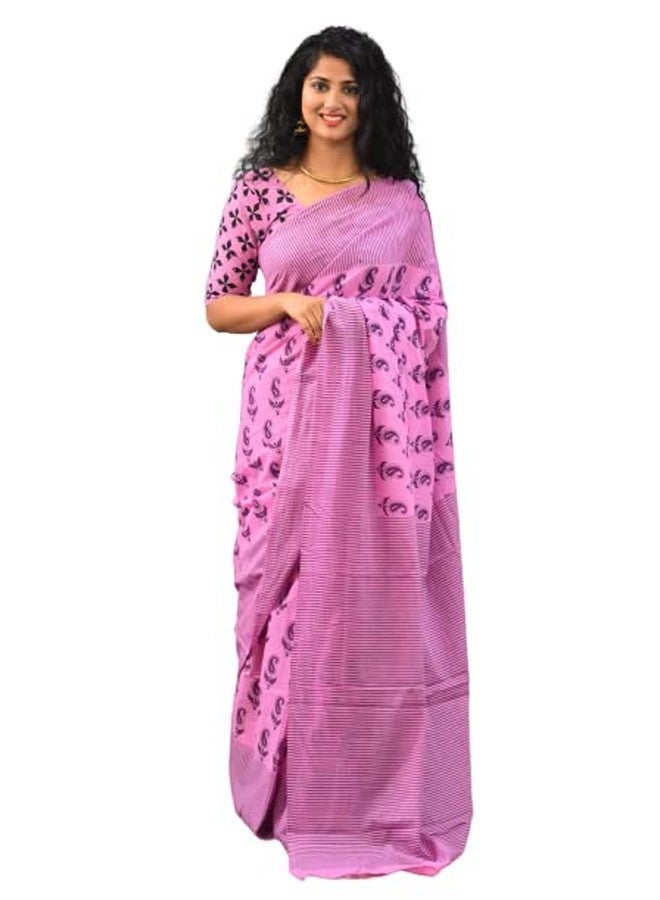 Kiaaron Women's Ikat Hand Block Print Jaipuri Cotton Mulmul Saree with Blouse Piece - Pink_255 - Image 1
