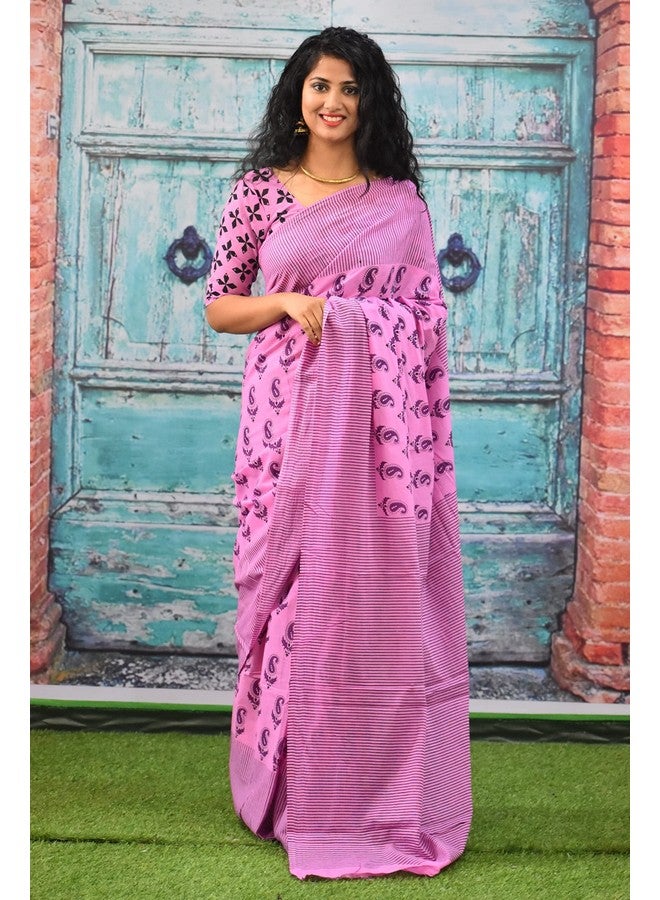 Kiaaron Women's Ikat Hand Block Print Jaipuri Cotton Mulmul Saree with Blouse Piece - Pink_255 - Image 2