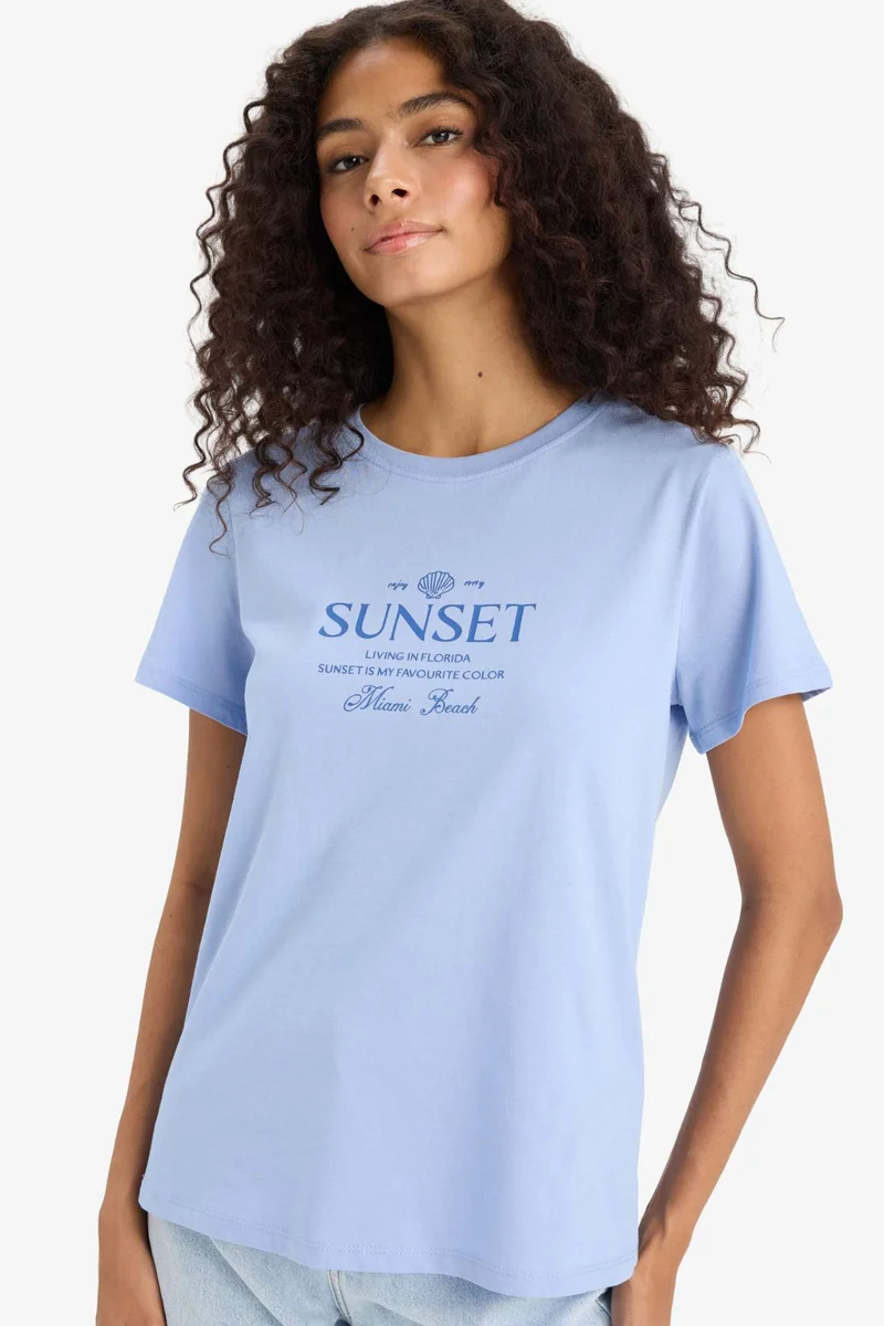 ديفاكتو Regular Fit Crew Neck Printed Cotton T-Shirt