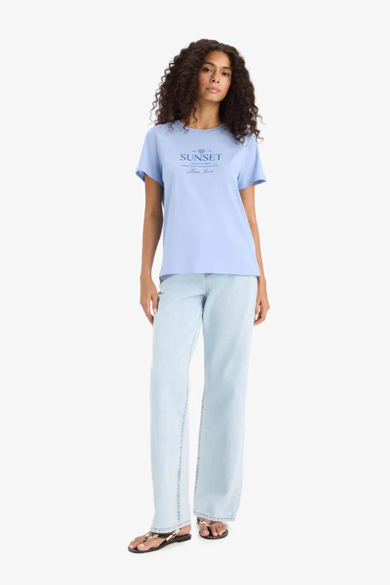ديفاكتو Regular Fit Crew Neck Printed Cotton T-Shirt