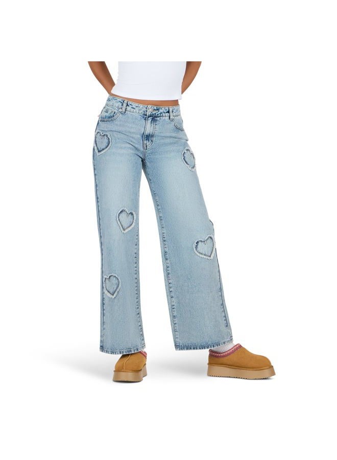 FOREVER 21 Womens Low Waist Heart Patch Wide Leg Jeans, Blue, 6 - Image 1