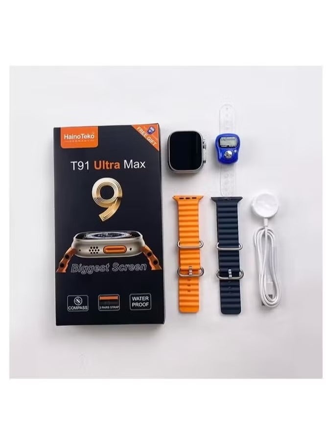 Haino Teko - T91 Ultra Max Smart Watch | Largest Screen, Compass Feature, 2 Straps, Waterproof, Fitness Tracker, Heart Rate Monitor, Bluetooth Calling, Free Gift Included, Compatible with iPhone & Android - Image 1