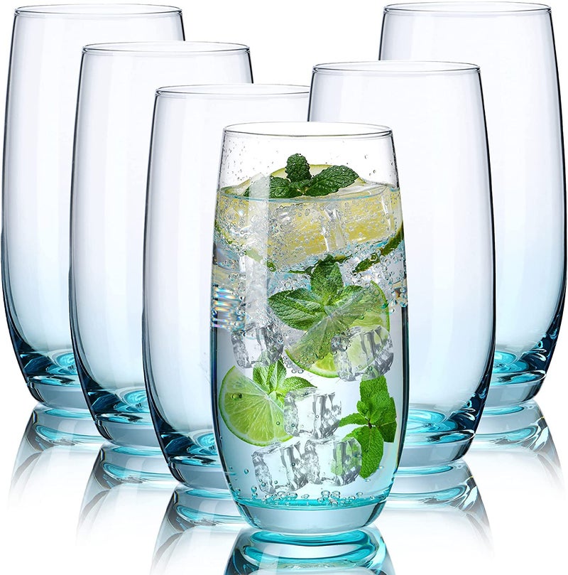 HAPPY BORN Ice Blue Beverage Italian Style Tall Drinking Glasses Set of 6 Pcs for Water Juice Beverag Mojito Cocktail Perfect for Home Restaurants Parties Set of 6 - Image 1