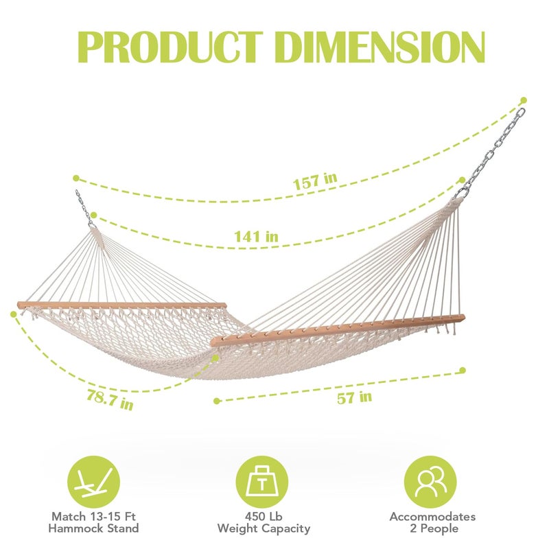 Lazy Daze Hammocks 12FT Double Rope Hammocks, 2 Person Hand Woven Cotton Hammock with Spreader Bar for Outside, Patio, Poolside, FIT 13-15 FT Stand, Max 450 Lbs, Natural, 141 x 57 inches - Image 5