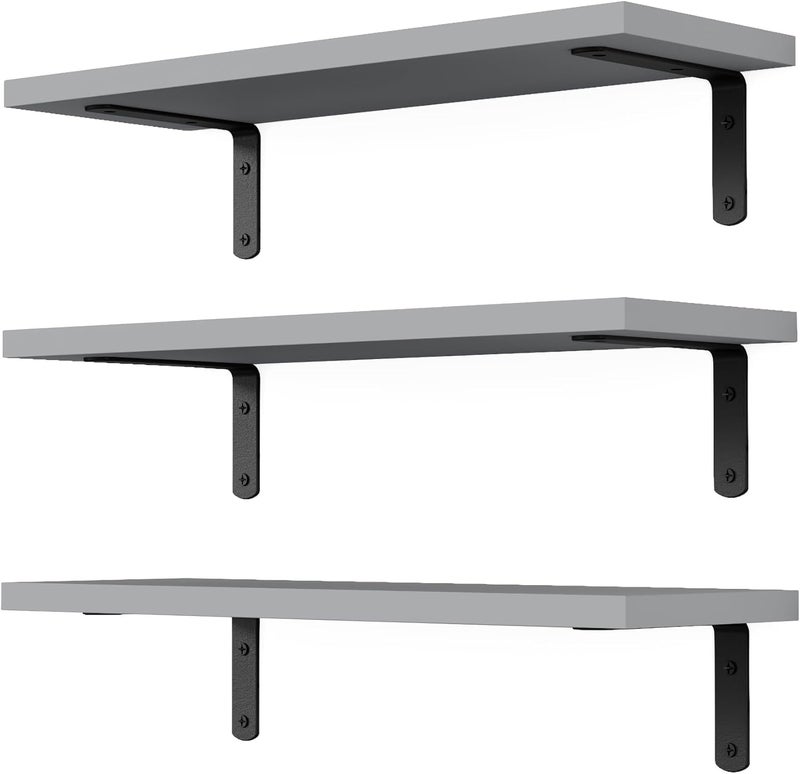 DOLLFIO Floating Shelves, 3 Sets Wall Shelves, Wooden Floating Shelves for Wall Décor, Wall Mounted Floating Bathroom Shelf for Storage, Floating Book Shelf for Wall, Bedroom, Living Room – Grey - Image 1