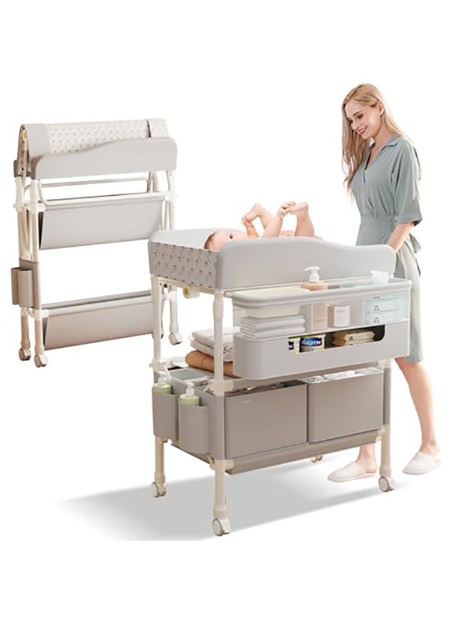 WALALLA Baby Changing Table, Versatile Folding Changing Table with 2 Drawers, Portable Baby Diaper Changing Station with Toy Holder, Adjustable Height Mobile Nursery Diaper for Infant and Newborn - Image 1