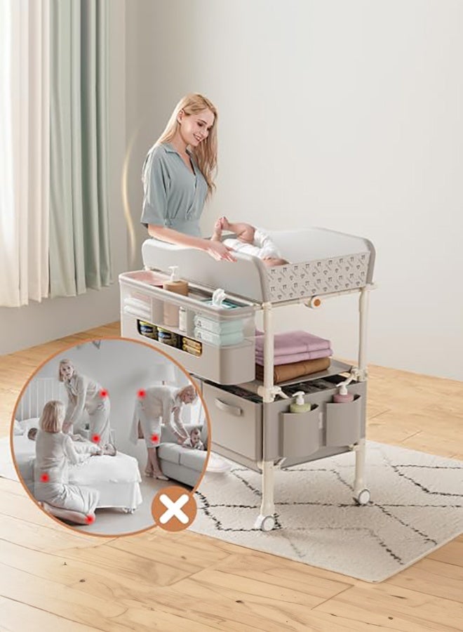 WALALLA Baby Changing Table, Versatile Folding Changing Table with 2 Drawers, Portable Baby Diaper Changing Station with Toy Holder, Adjustable Height Mobile Nursery Diaper for Infant and Newborn - Image 2