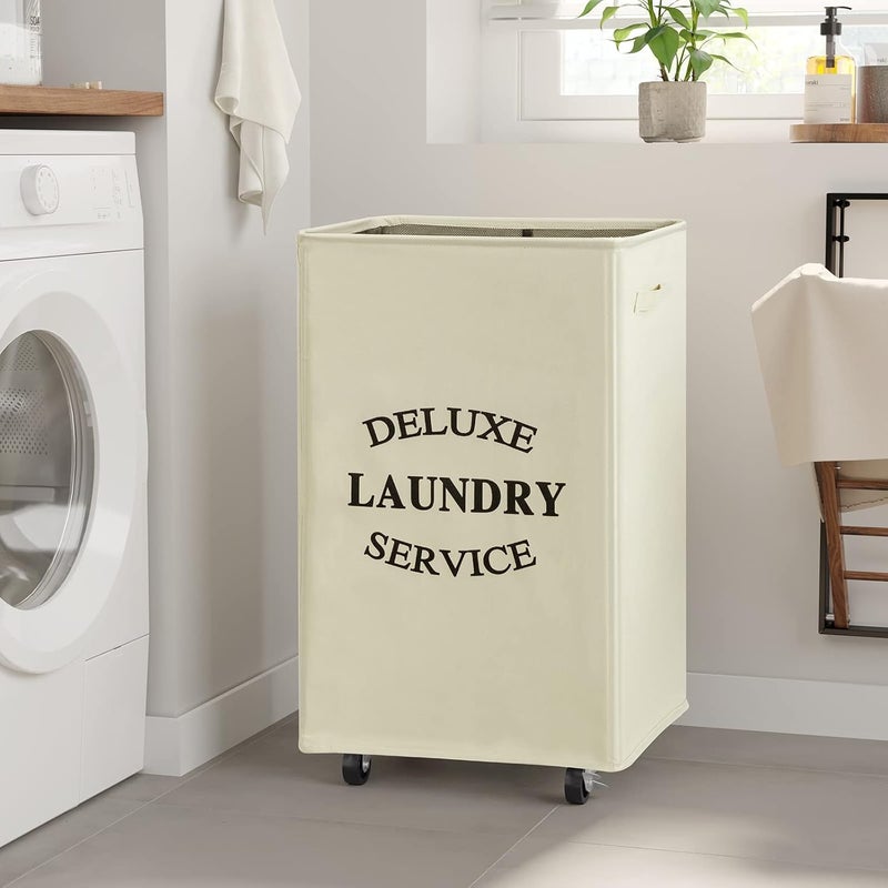 WOWLIVE 90L Large Rectangular Collapsible Laundry Hamper with Wheels, Beige - Image 3