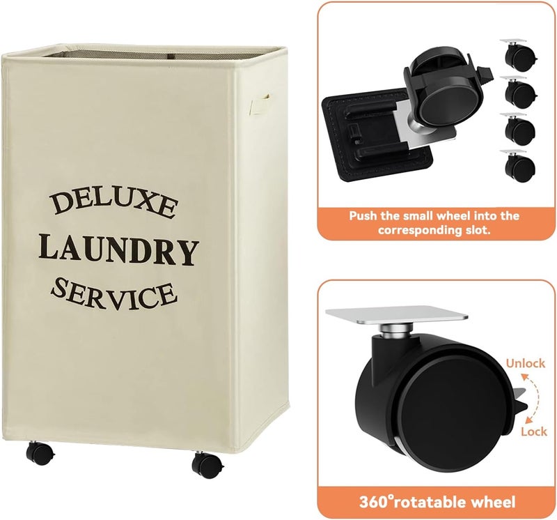 WOWLIVE 90L Large Rectangular Collapsible Laundry Hamper with Wheels, Beige - Image 5