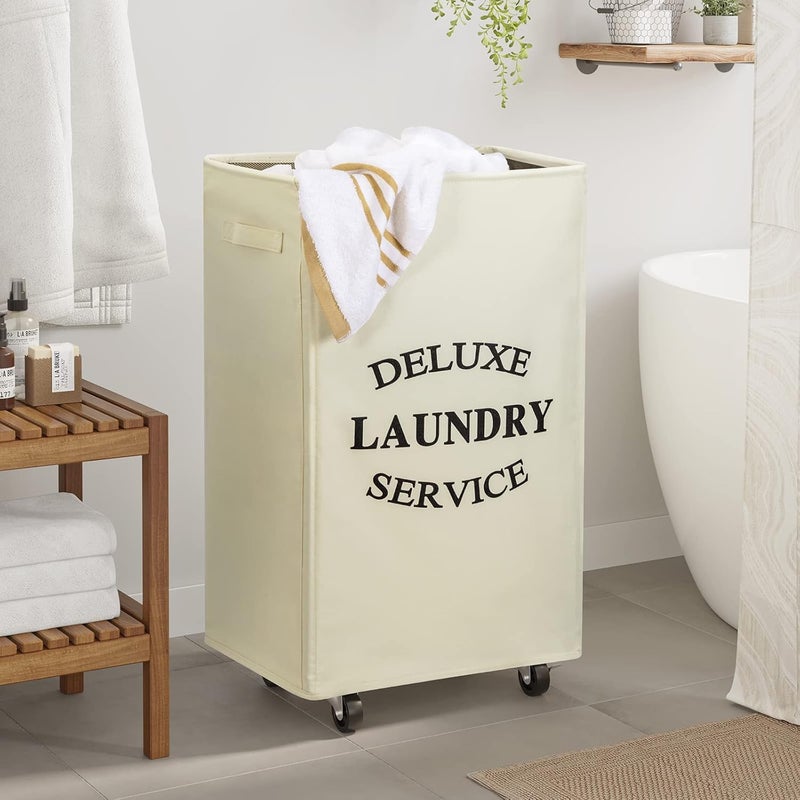 WOWLIVE 90L Large Rectangular Collapsible Laundry Hamper with Wheels, Beige - Image 2