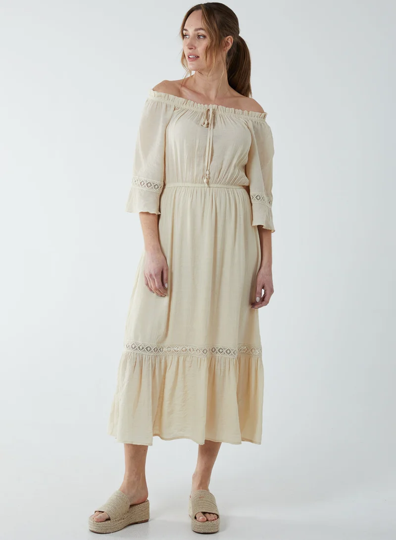 Blue Vanilla Off Shoulder Elasticated Lace Insert Midi Dress