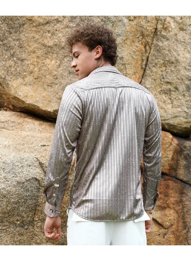 Campus Sutra Men's Metallic Brown Sheen Chevron Shirt For Casual Wear | Spread Collar | Long Sleeve | Button Closure | Shirt Crafted With Comfort Fit For Everyday Wear
