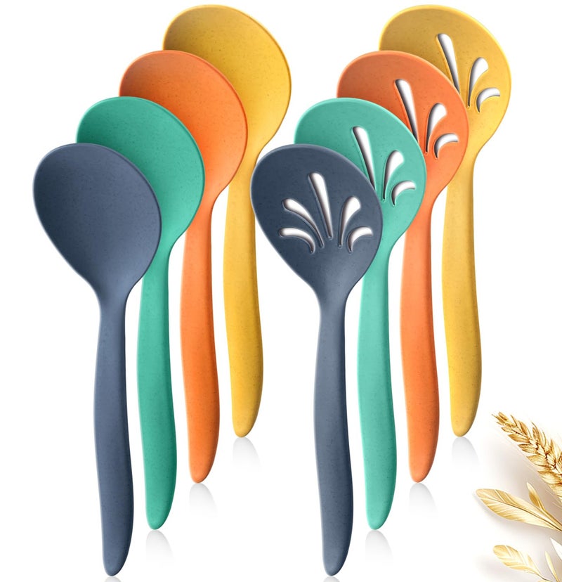 Raypard 8 Pcs 10 Large Plastic Wheat Straw Serving Spoons Set 4 Serving Spoons  4 Slotted Spoons Kitchen Mixing Serving Spoon for Party Buffet Catering OrangeBlueYellowGreen Not for Cooking