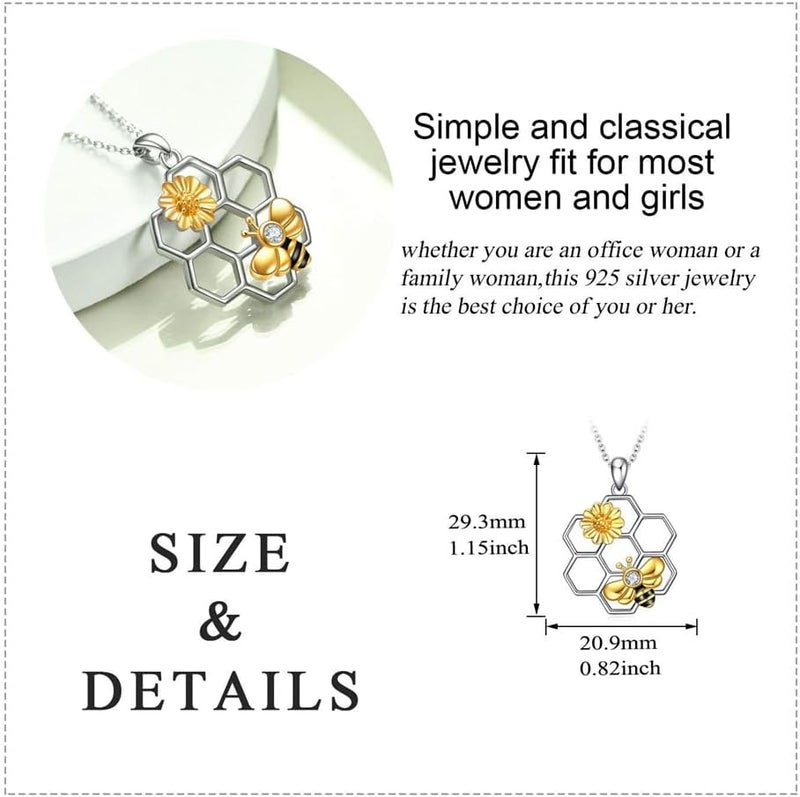 Azonee قلادة النحلة من أزوني، مصنوعة من الفضة الإسترلينية على شكل خلية نحل حيوانية لطيفة، قلادة نحلة عسل هندسية مع مجوهرات عباد الشمس، هدايا للنساء والفتيات - Image 3