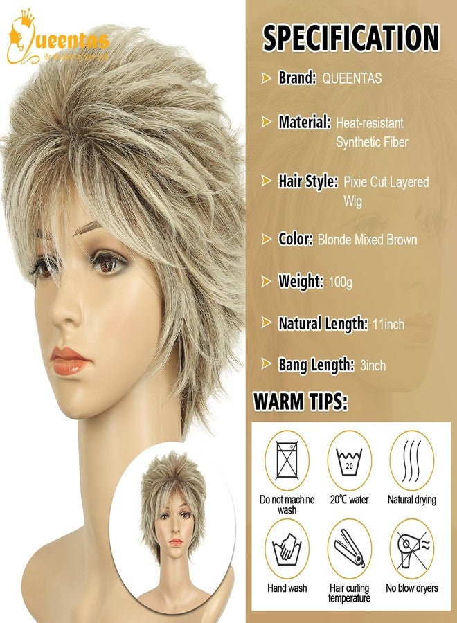 QUEENTAS Short Blonde Wigs for Women Natural Hair wig Full Head Pixie Layered Synthetic Hair (Blonde Mixed Brown) - Image 2