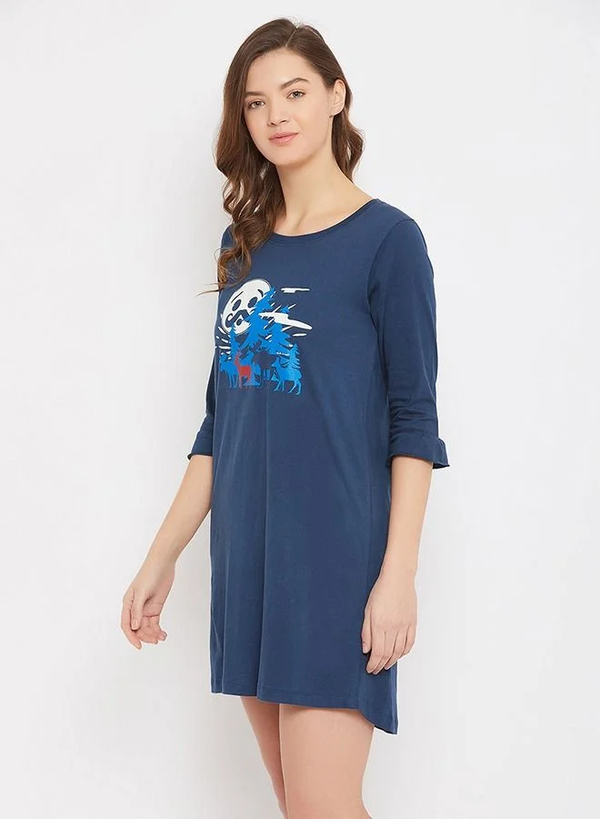 Clovia  Clovia Christmas Print Short Night Dress in Teal - 100% Cotton for Women | Best Price UAE