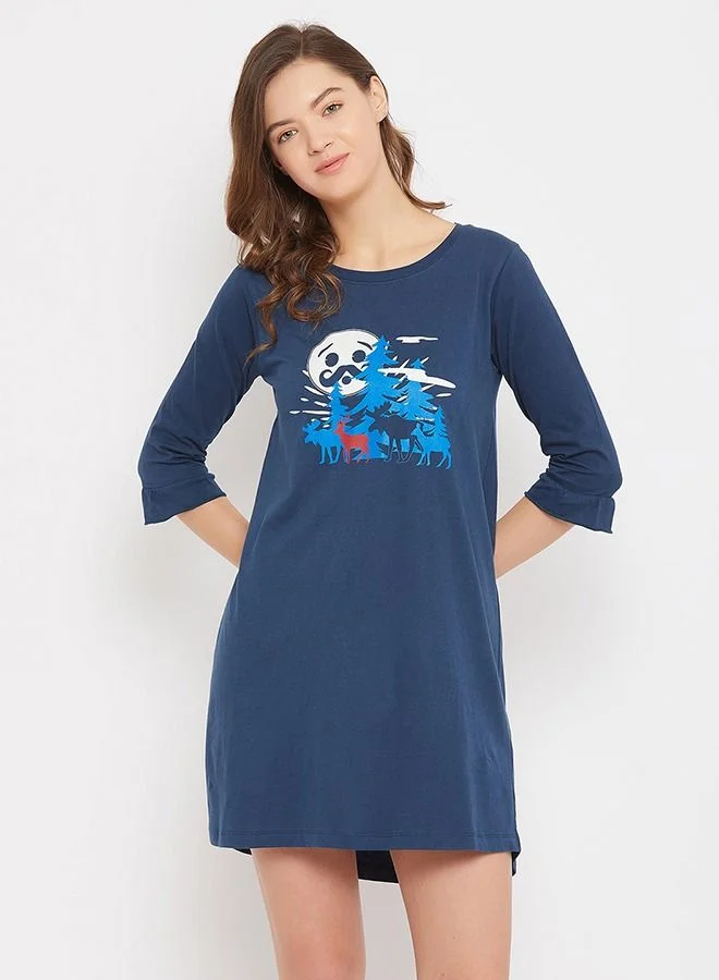 كلوفيا Clovia Christmas Print Short Night Dress in Teal - 100% Cotton