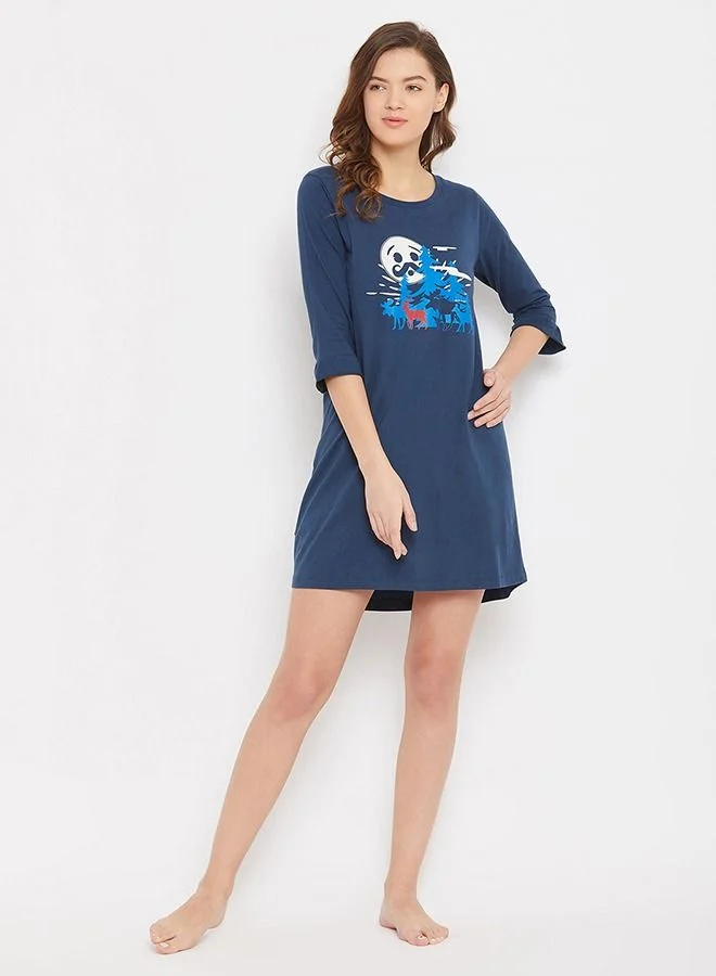 كلوفيا Clovia Christmas Print Short Night Dress in Teal - 100% Cotton